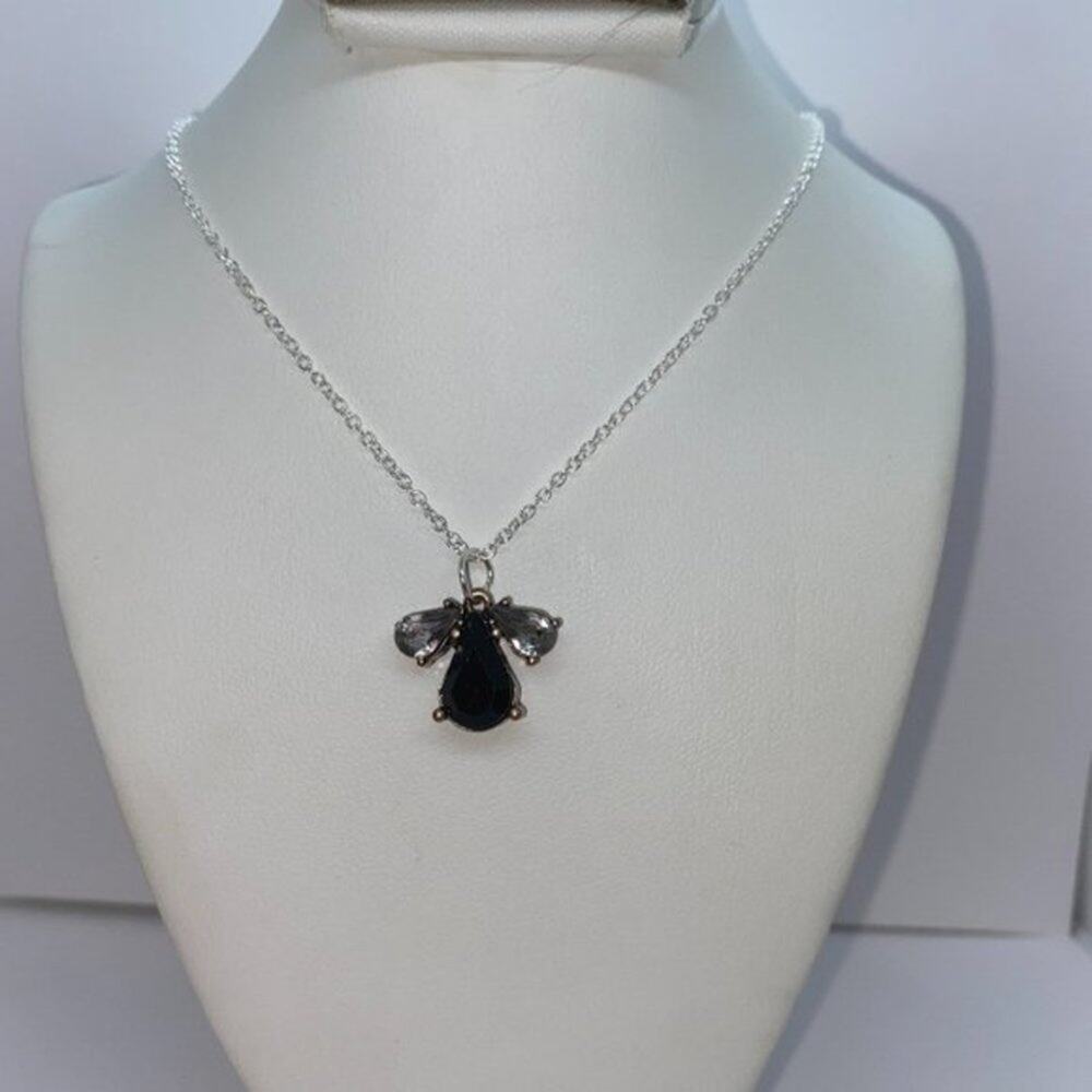 Silver-Tone Black & Clear Rhinestone Fly Pendant Necklace